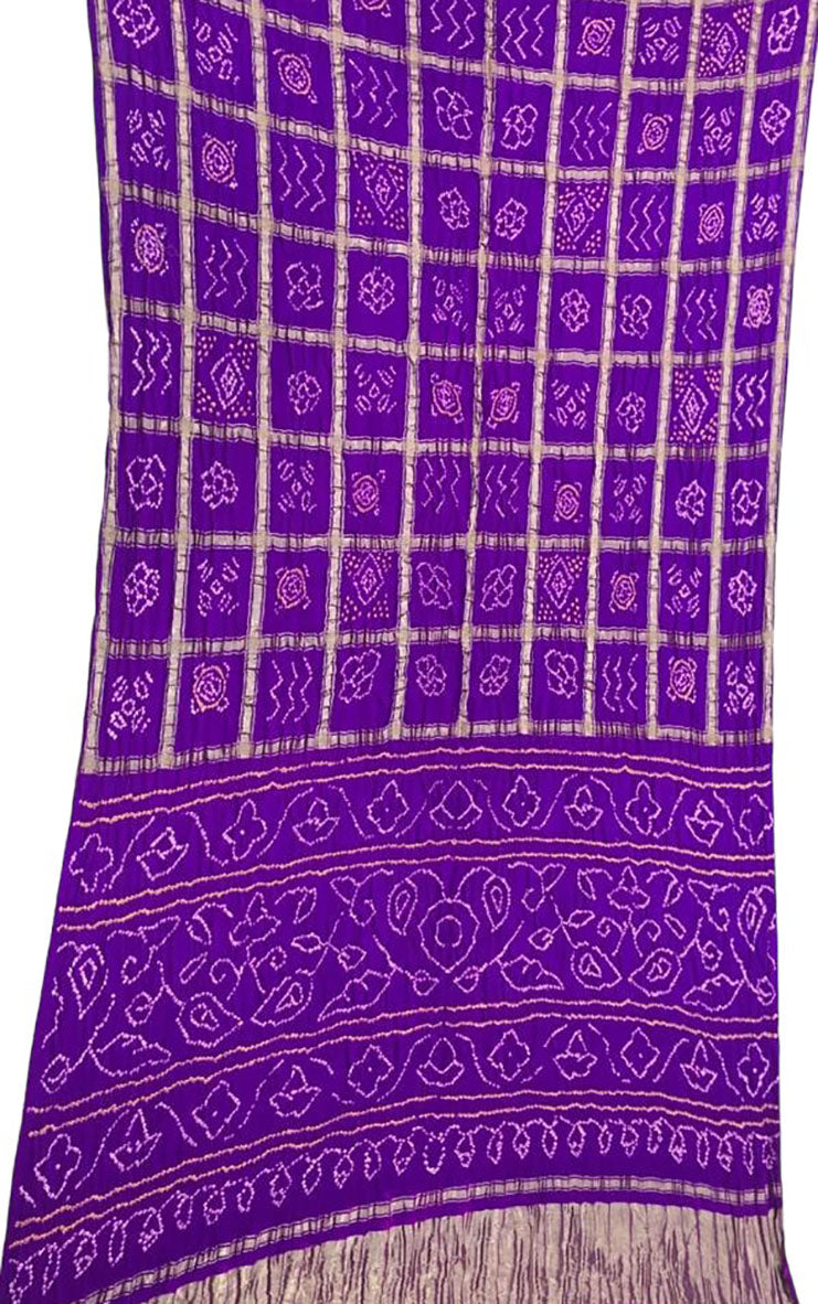 Purple Checks Bandhani Pure Gajji Silk Saree - Luxurion World