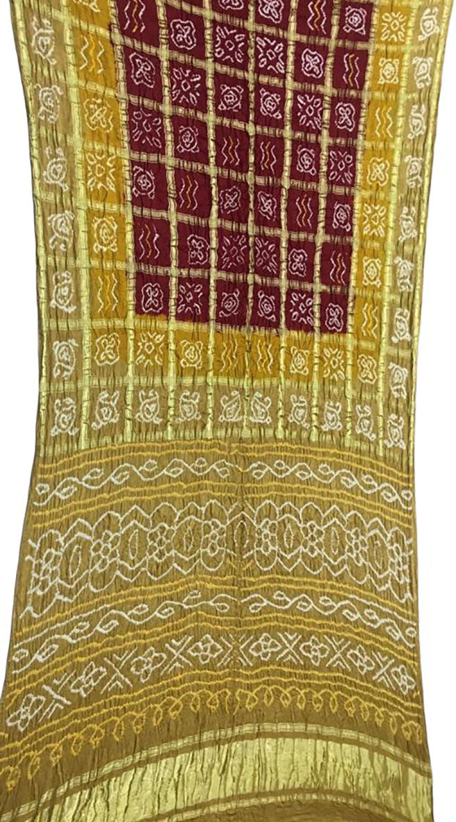 Yellow Checks Bandhani Pure Gajji Silk Saree - Luxurion World