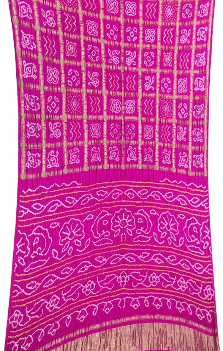 Pink Checks Bandhani Pure Gajji Silk Saree - Luxurion World