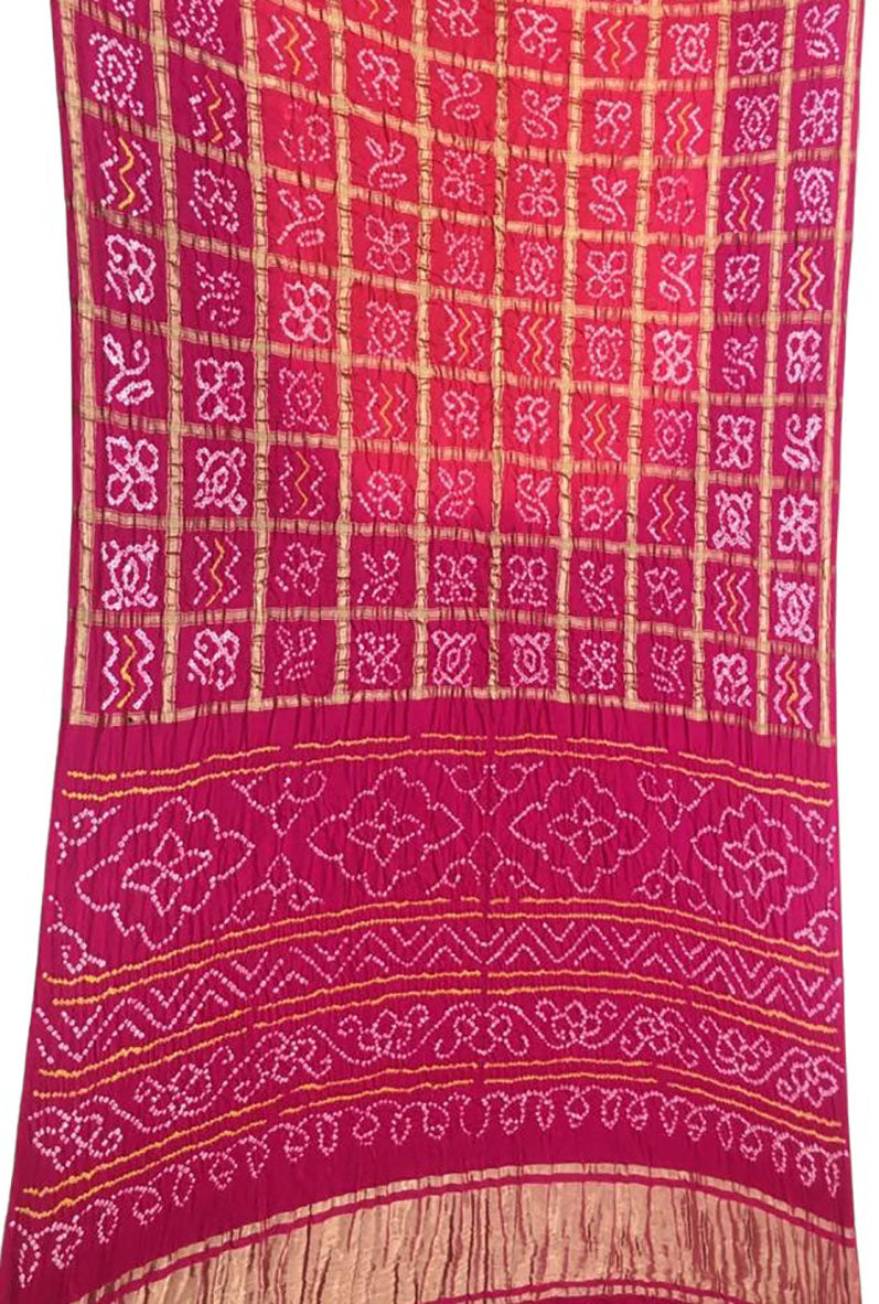 Pink Checks Bandhani Pure Gajji Silk Saree - Luxurion World