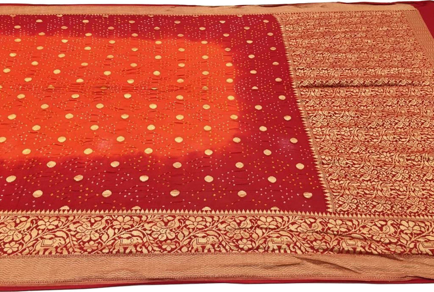 Orange And Red Banarasi Bandhani Pure Georgette Saree - Luxurion World