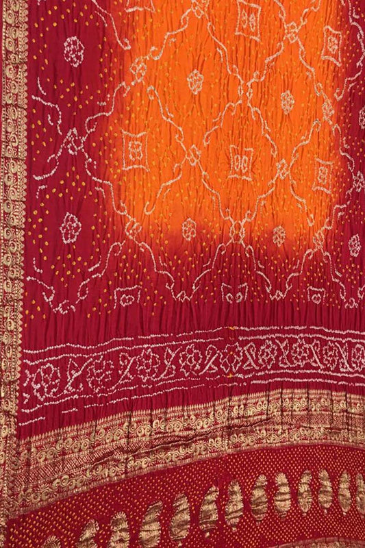 Vibrant Red & Orange Bandhani Gajji Silk Saree - Luxurion World