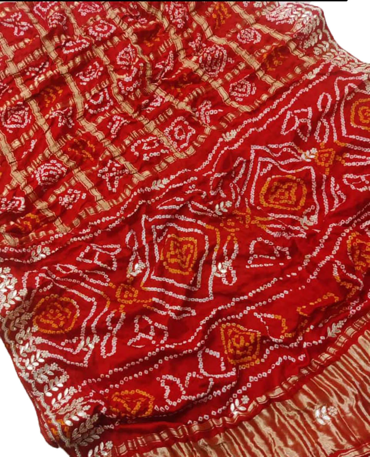 Red Bandhani Pure Gajji Silk Saree With Gota Patti Work - Luxurion World
