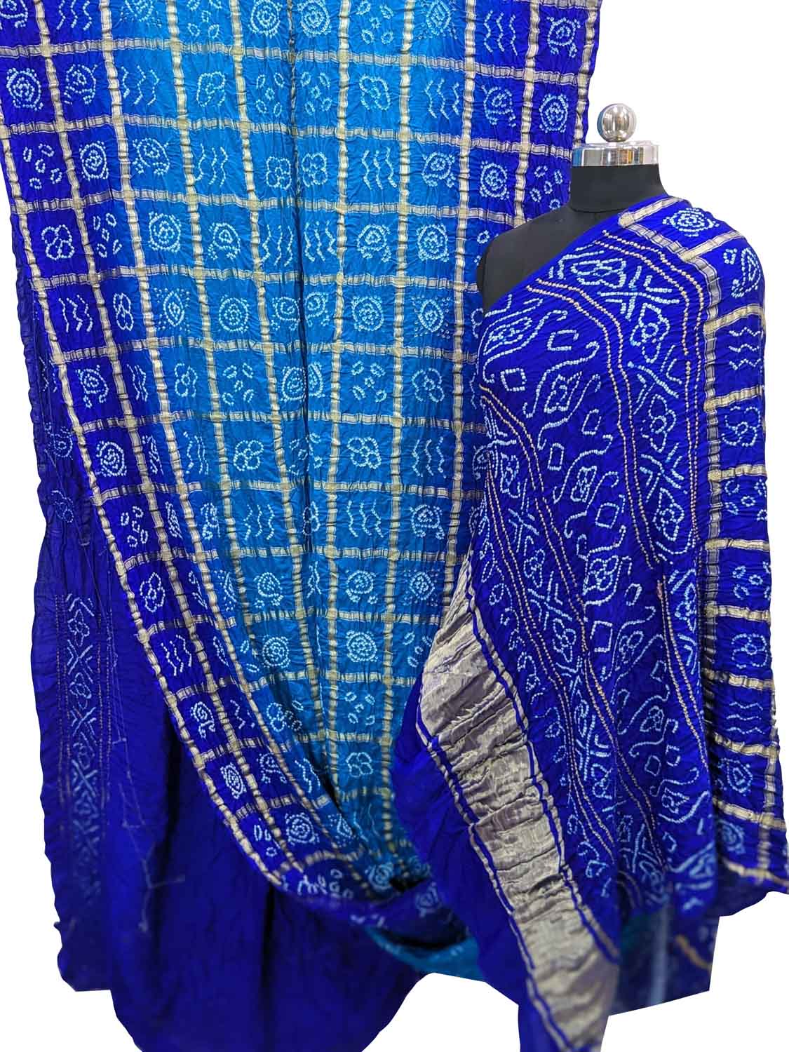 Blue Checks Bandhani Pure Gajji Silk Gharchola Saree - Luxurion World
