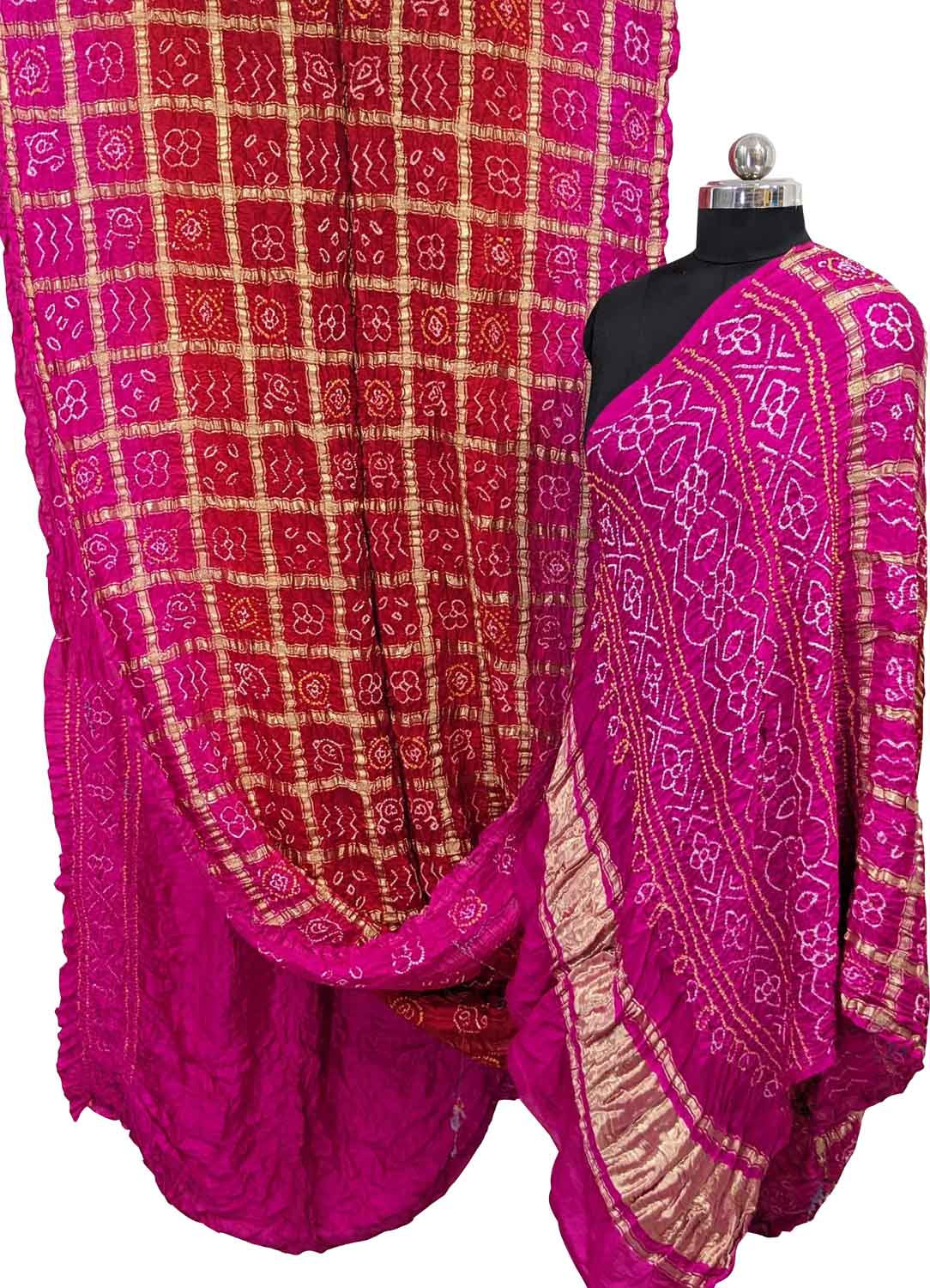 Pink And Red Checks Bandhani Pure Gajji Silk Gharchola Saree - Luxurion World