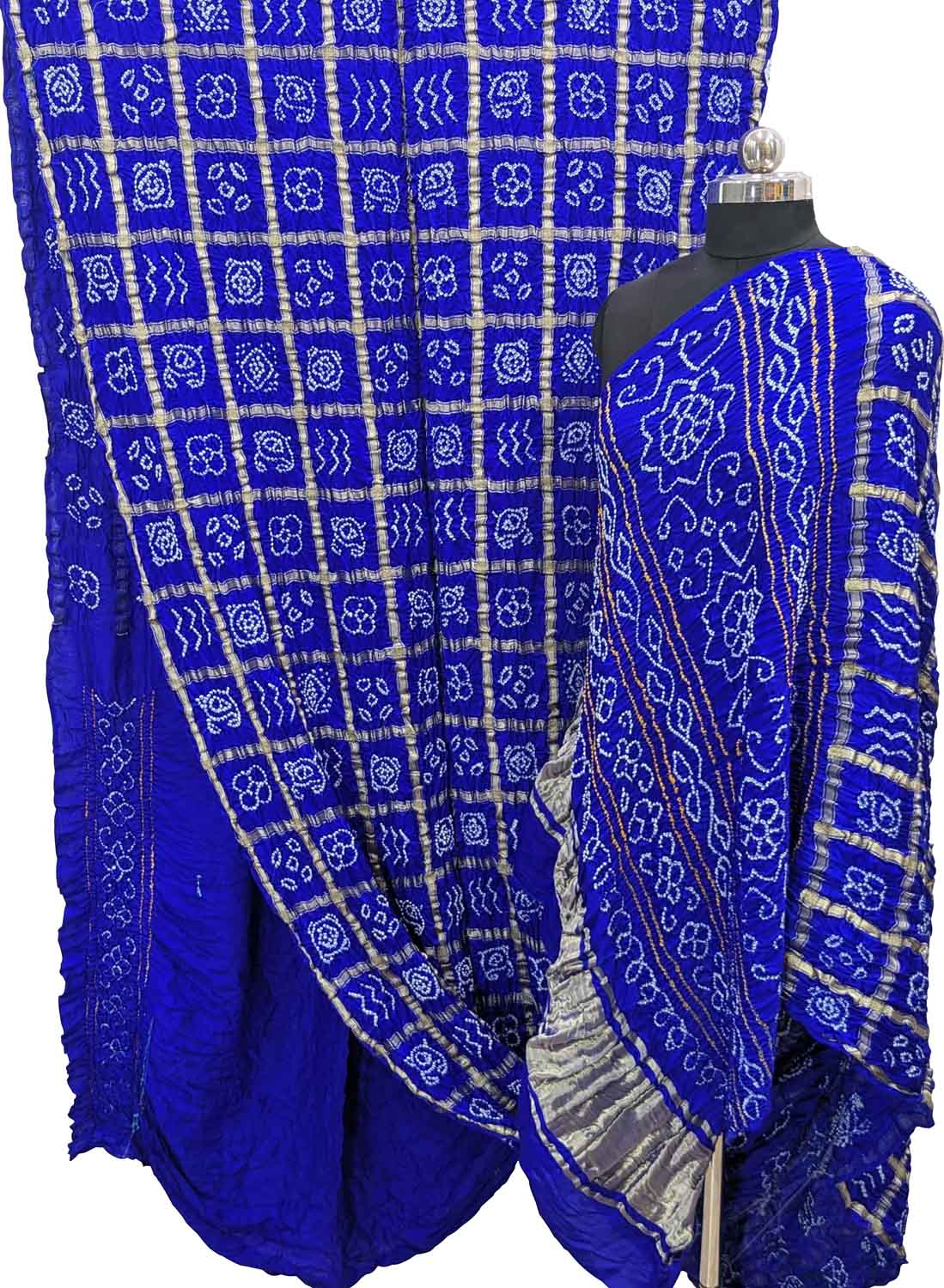 Blue Checks Bandhani Pure Gajji Silk Gharchola Saree - Luxurion World
