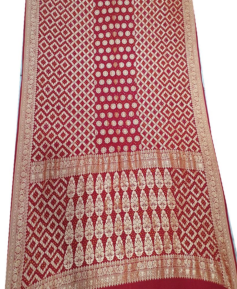 Red Banarasi Bandhani Pure Georgette Saree - Luxurion World