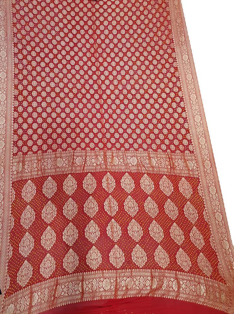 Red Banarasi Bandhani Pure Georgette Saree - Luxurion World