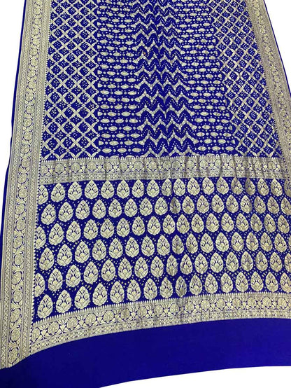 Blue Banarasi Bandhani Pure Georgette Neemzari Saree - Luxurion World