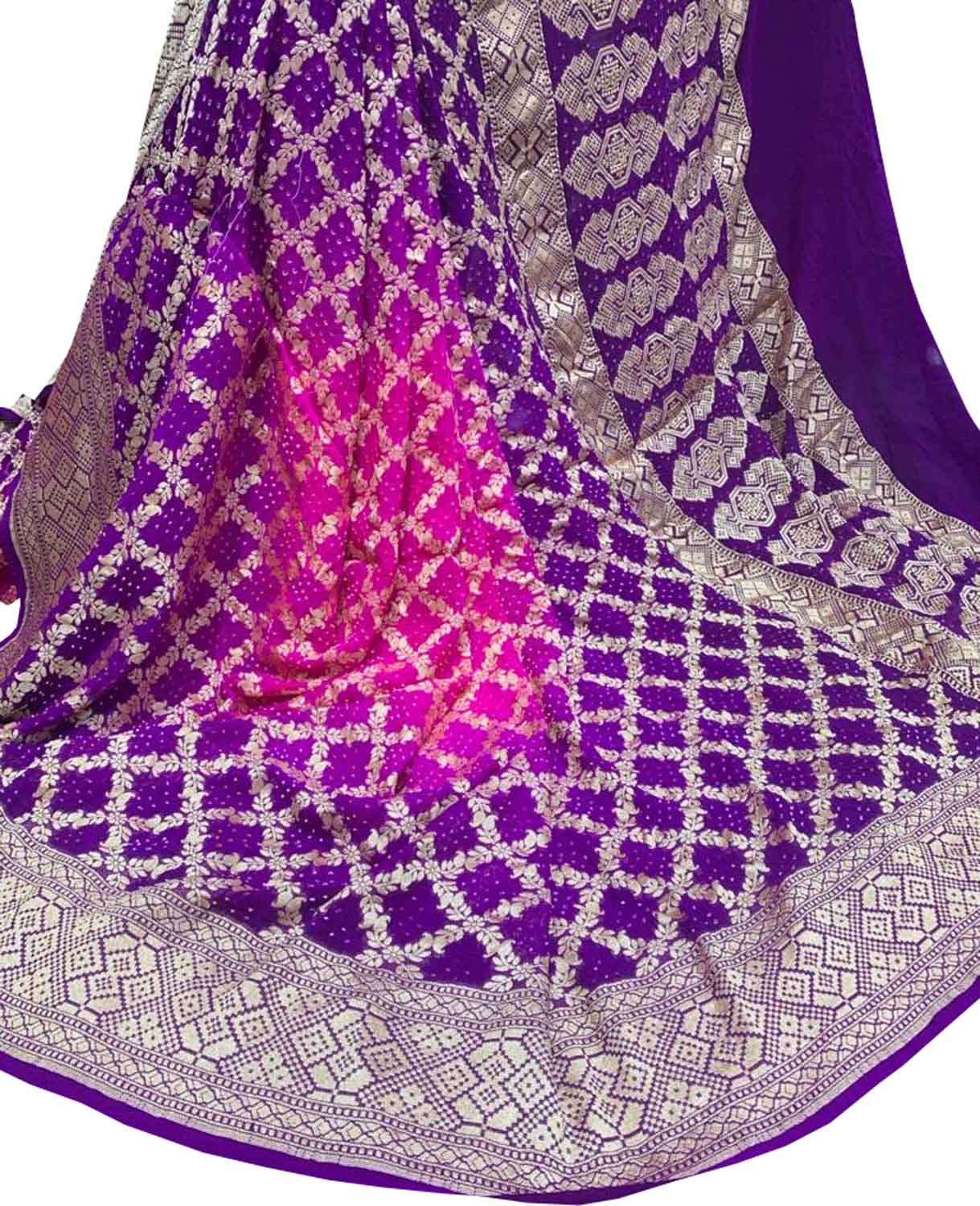 Pink And Purple Banarasi Bandhani Pure Georgette Saree - Luxurion World