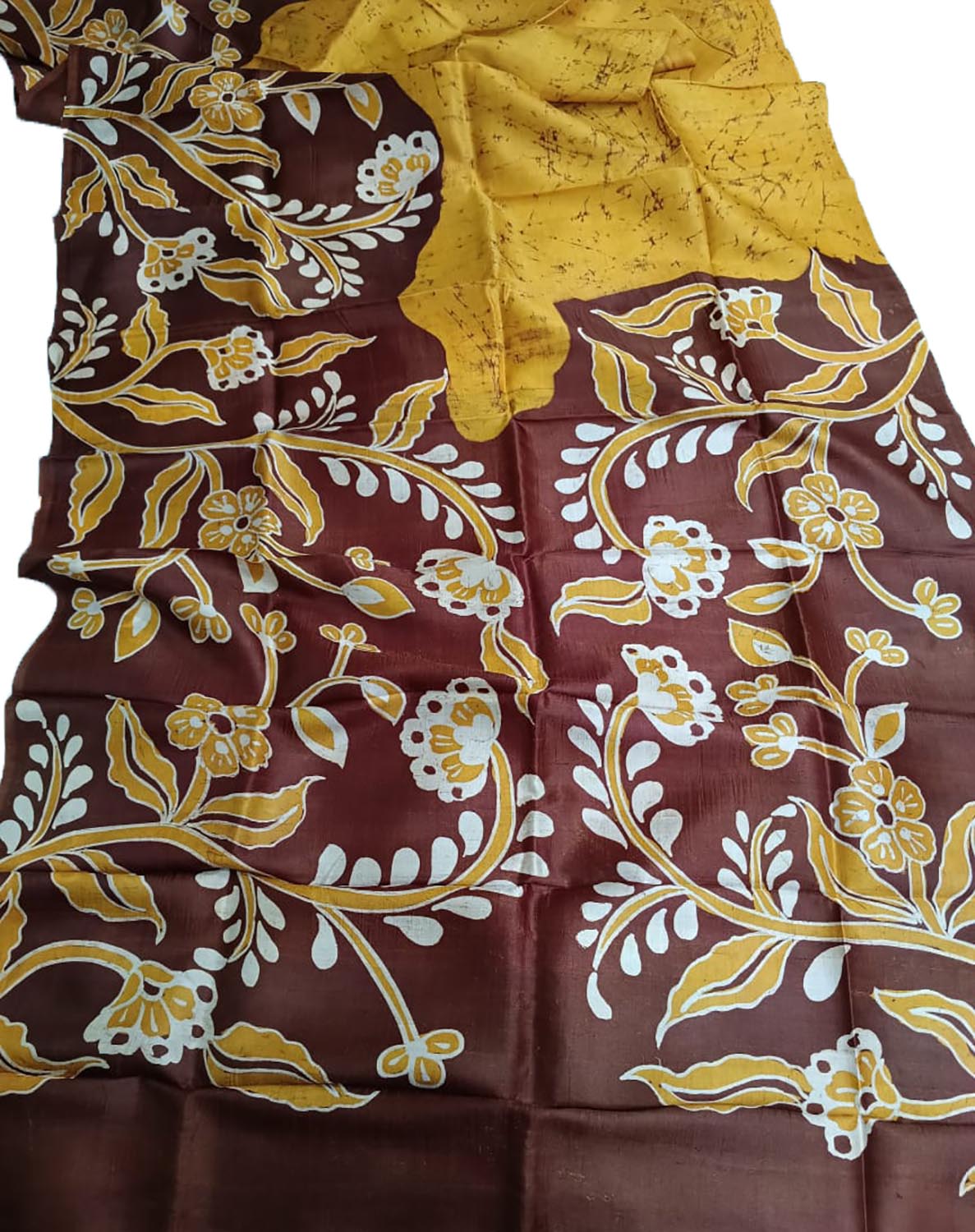 Yellow And Brown Hand Batik Bishnupuri Silk Saree - Luxurion World