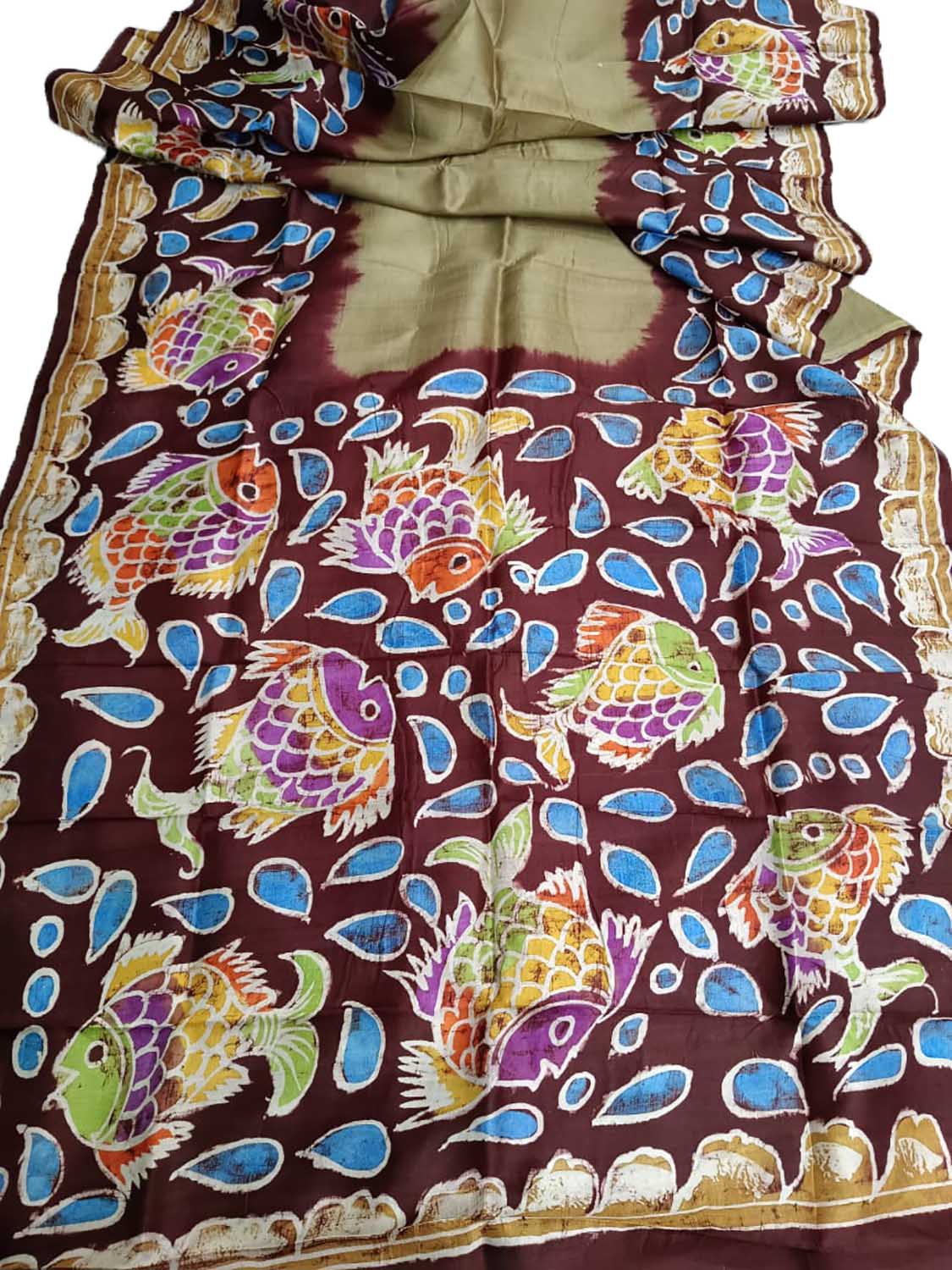 Green And Maroon Hand Batik Bishnupuri Silk Saree - Luxurion World