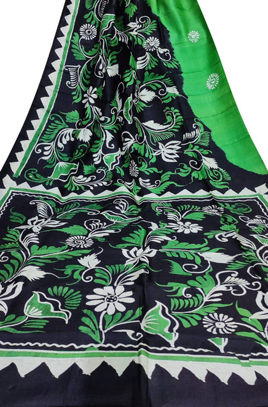 Stunning Black and Green Hand Batik Bishnupuri Silk Saree - Perfect for Any Occasion! - Luxurion World