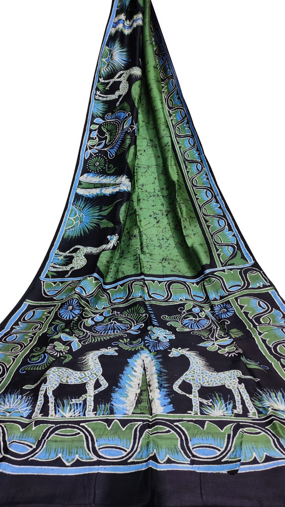 Green Hand Batik Bishnupuri Silk Saree - Luxurion World