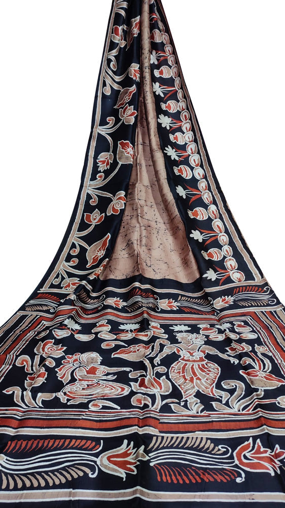 Brown Hand Batik Bishnupuri Silk Saree - Luxurion World