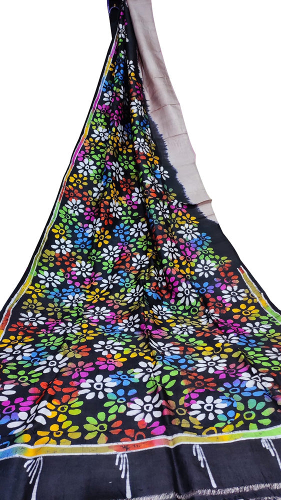 Stunning Black and Pastel Hand Batik Bishnupuri Silk Saree - Perfect for Any Occasion! - Luxurion World