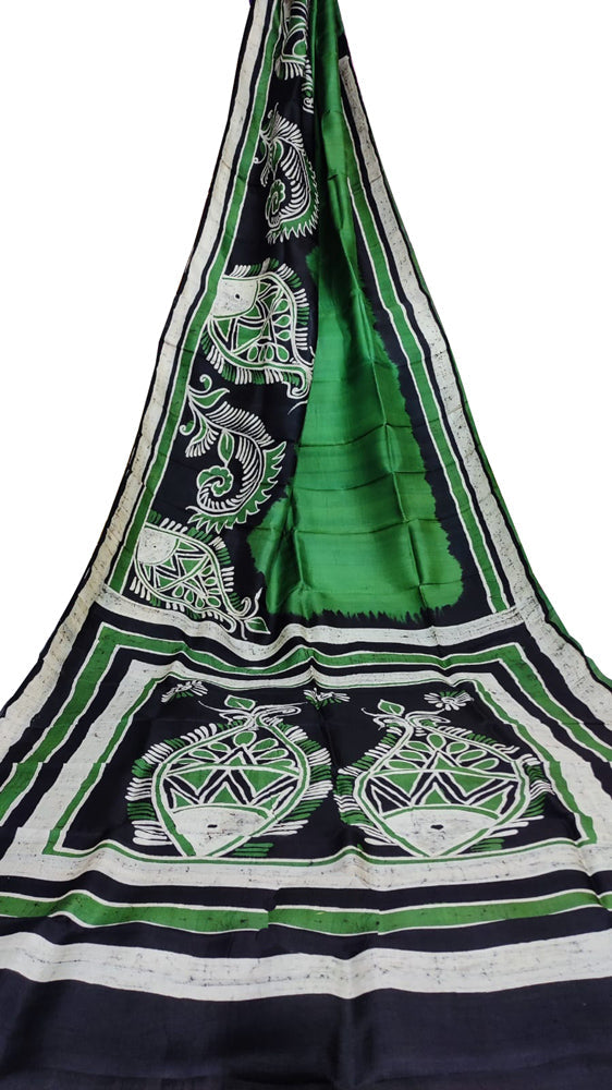 Green Hand Batik Bishnupuri Silk Saree - Luxurion World