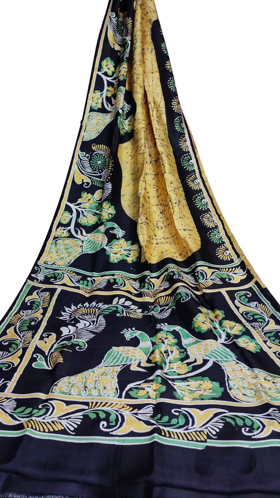 Yellow Hand Batik Bishnupuri Silk Saree - Luxurion World