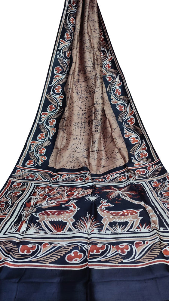 Brown Hand Batik Bishnupuri Silk Saree - Luxurion World