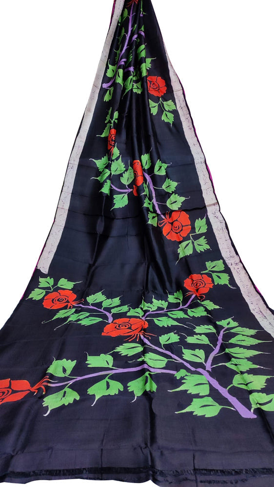 Black Hand Batik Bishnupuri Silk Saree - Luxurion World