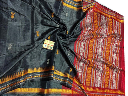 Black Handloom Bhagalpur Pure Tussar Silk Saree - Luxurion World