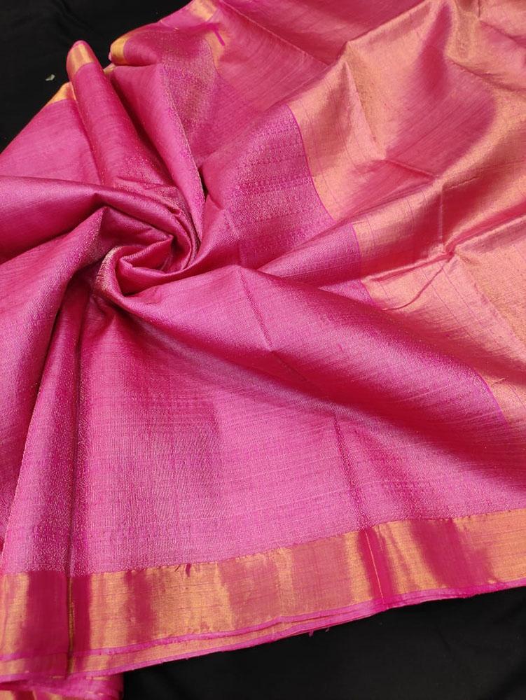 Pink Handloom Bhagalpur Pure Tussar Silk Saree - Luxurion World