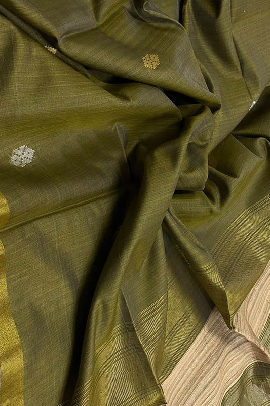 Green Bhagalpur Handloom Pure Tussar Silk Saree