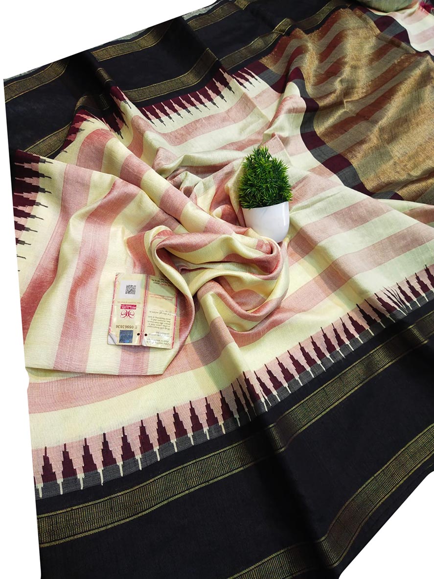 Pastel Bhagalpur Handloom Pure Raw Silk Temple Border Saree - Luxurion World