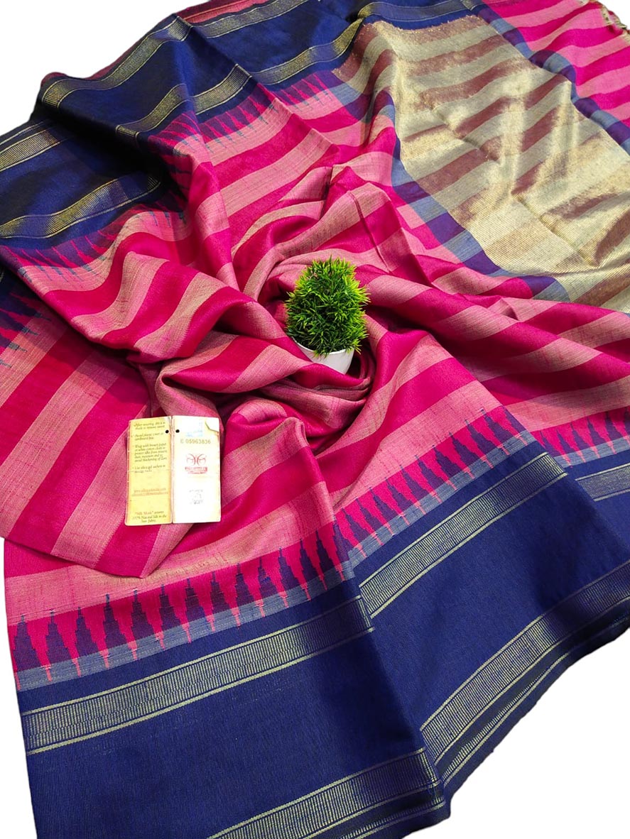 Pink Bhagalpur Handloom Pure Raw Silk Temple Border Saree - Luxurion World