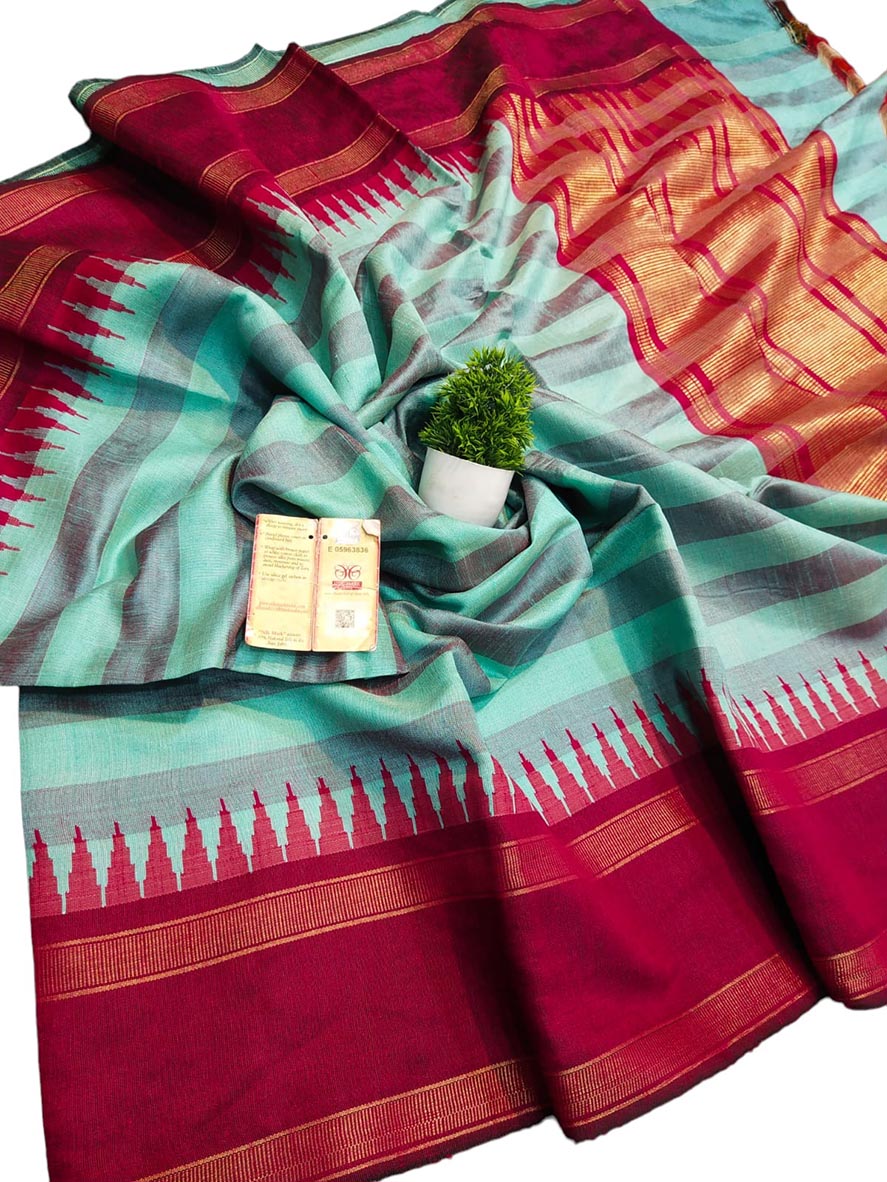 Green Bhagalpur Handloom Pure Raw Silk Temple Border Saree - Luxurion World