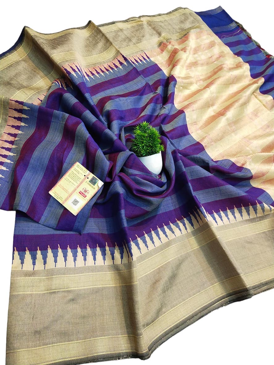 Blue Bhagalpur Handloom Pure Raw Silk Temple Border Saree - Luxurion World