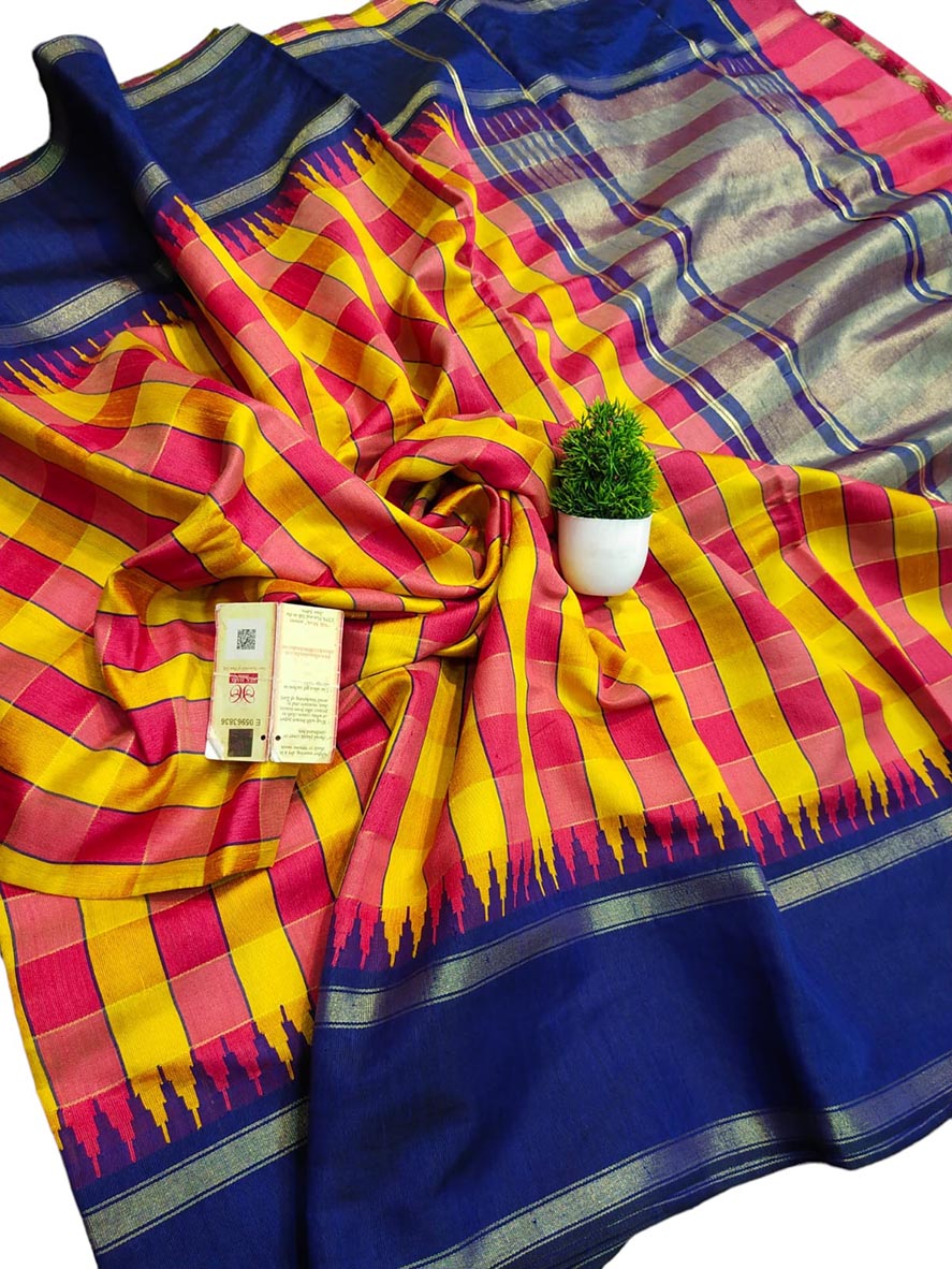 Orange Bhagalpur Handloom Pure Raw Silk Temple Border Saree - Luxurion World