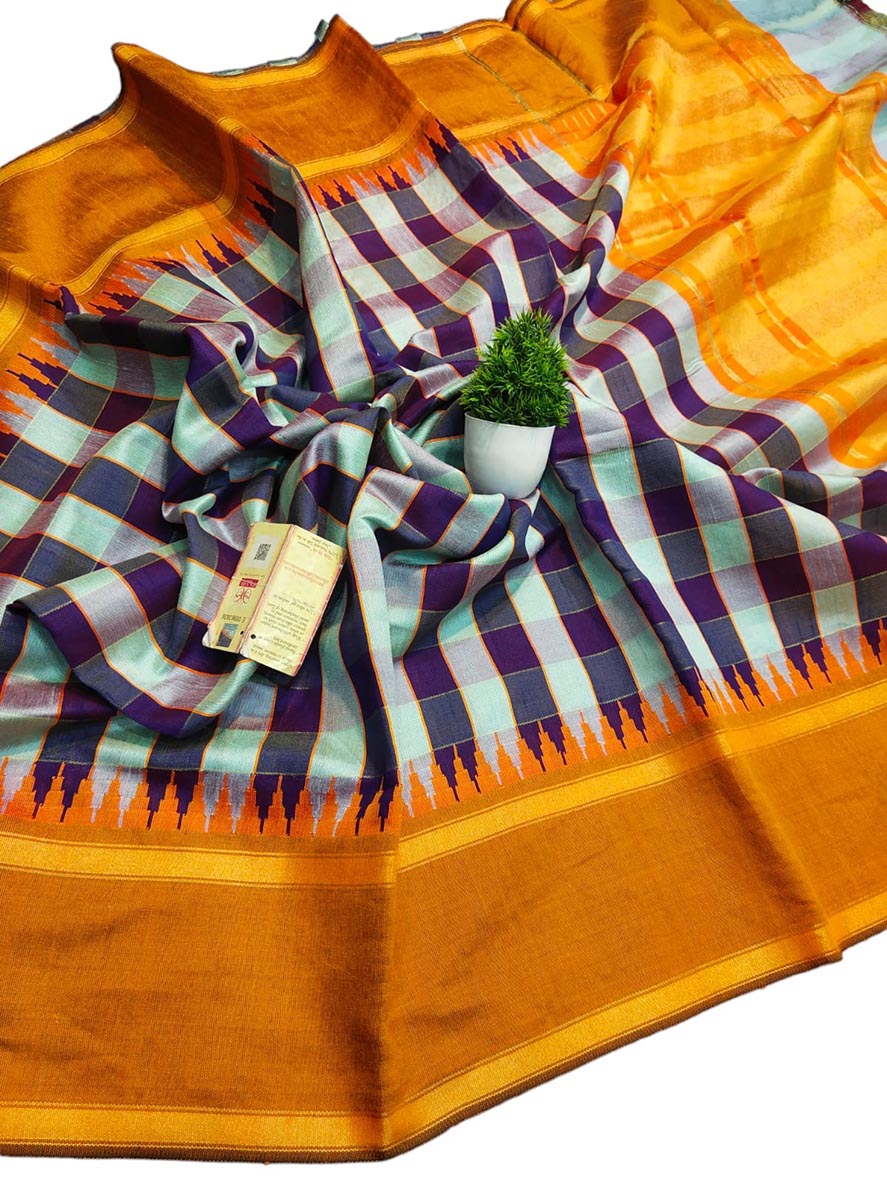 Black And White Bhagalpur Handloom Pure Raw Silk Temple Border Saree - Luxurion World