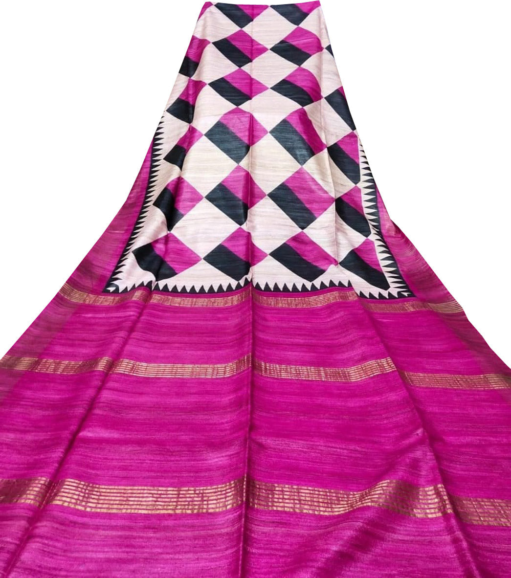 Off White Block Printed Pure Tussar Ghicha Silk Saree - Luxurion World