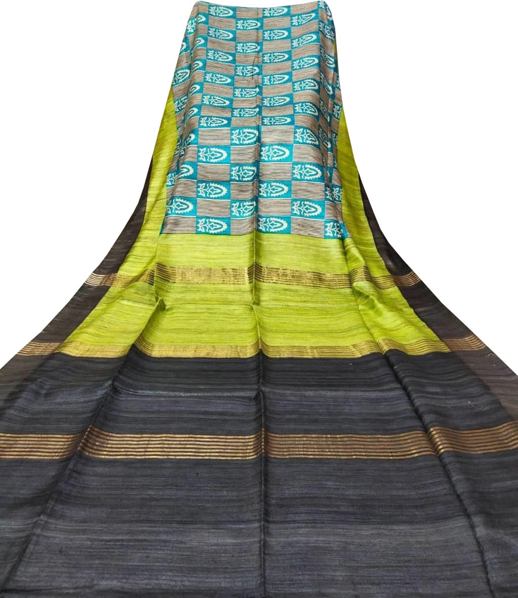 Multicolor Block Printed Pure Tussar Ghicha Silk Saree - Luxurion World