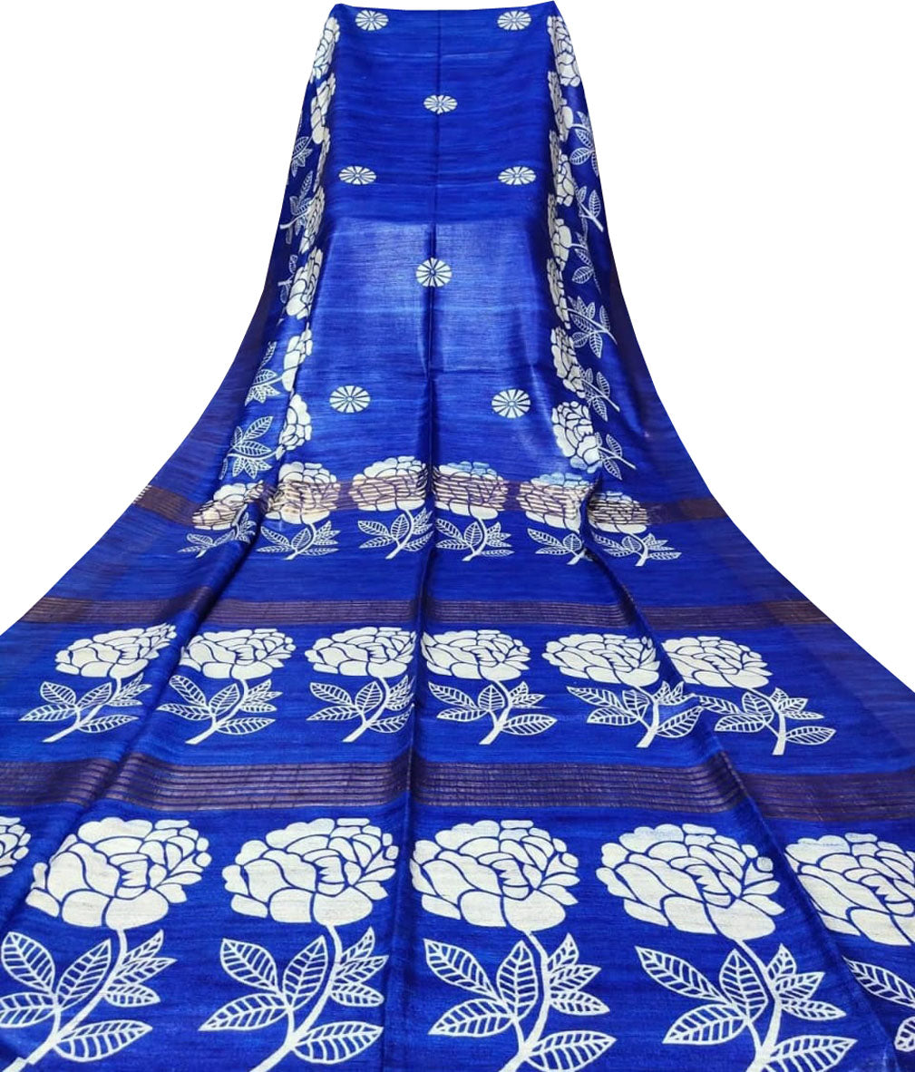 Blue Block Printed Pure Tussar Ghicha Silk Saree - Luxurion World