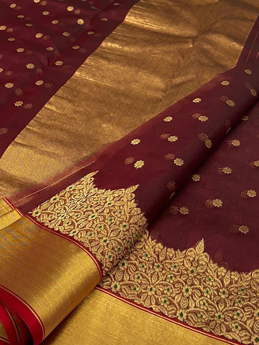 Maroon Chanderi Handloom Pure Katan Silk Saree - Luxurion World
