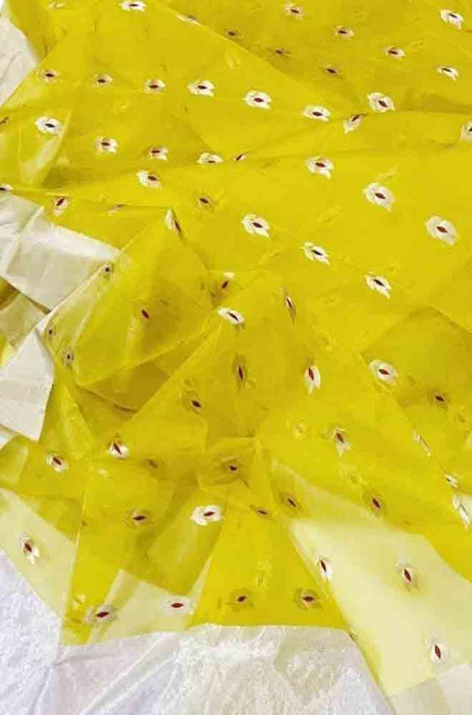 Yellow Handloom Chanderi Pure Katan Organza Silk Saree - Luxurion World