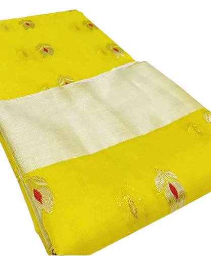 Yellow Handloom Chanderi Pure Katan Organza Silk Saree - Luxurion World