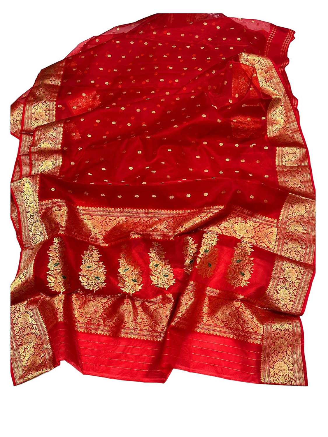 Red Chanderi Handloom Pure Katan Organza Silk Saree - Luxurion World