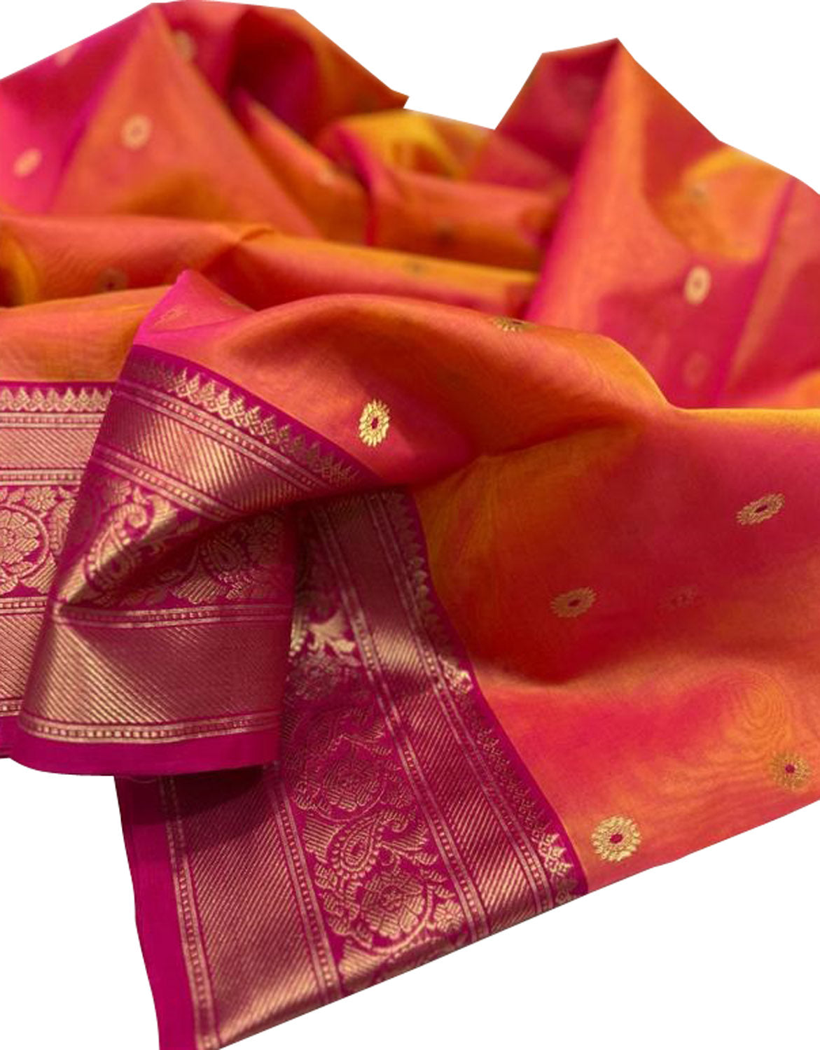 Shop Handloom Orange & Pink Chanderi Katan Organza Silk Saree - Limited Stock! - Luxurion World
