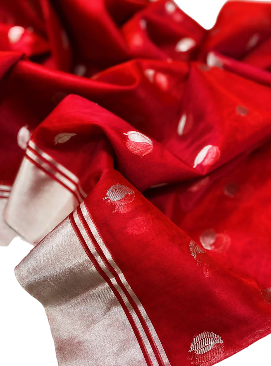 Red Chanderi Handloom Pure Katan Organza Silk Saree - Luxurion World