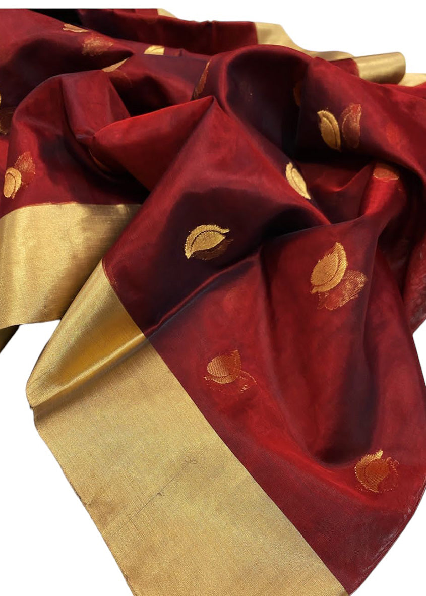Maroon Chanderi Handloom Pure Katan Organza Silk Saree - Luxurion World