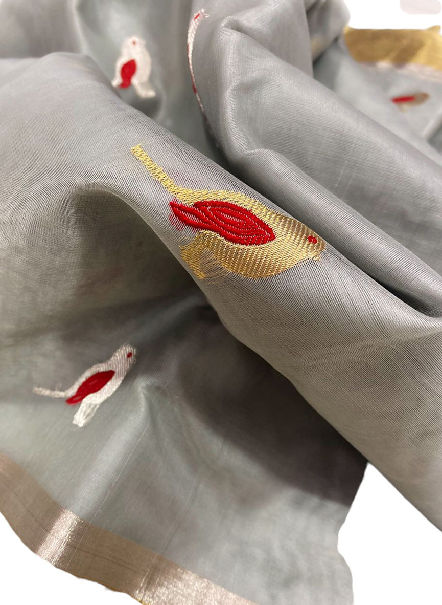 Grey Chanderi Handloom Pure Katan Organza Silk Saree - Luxurion World