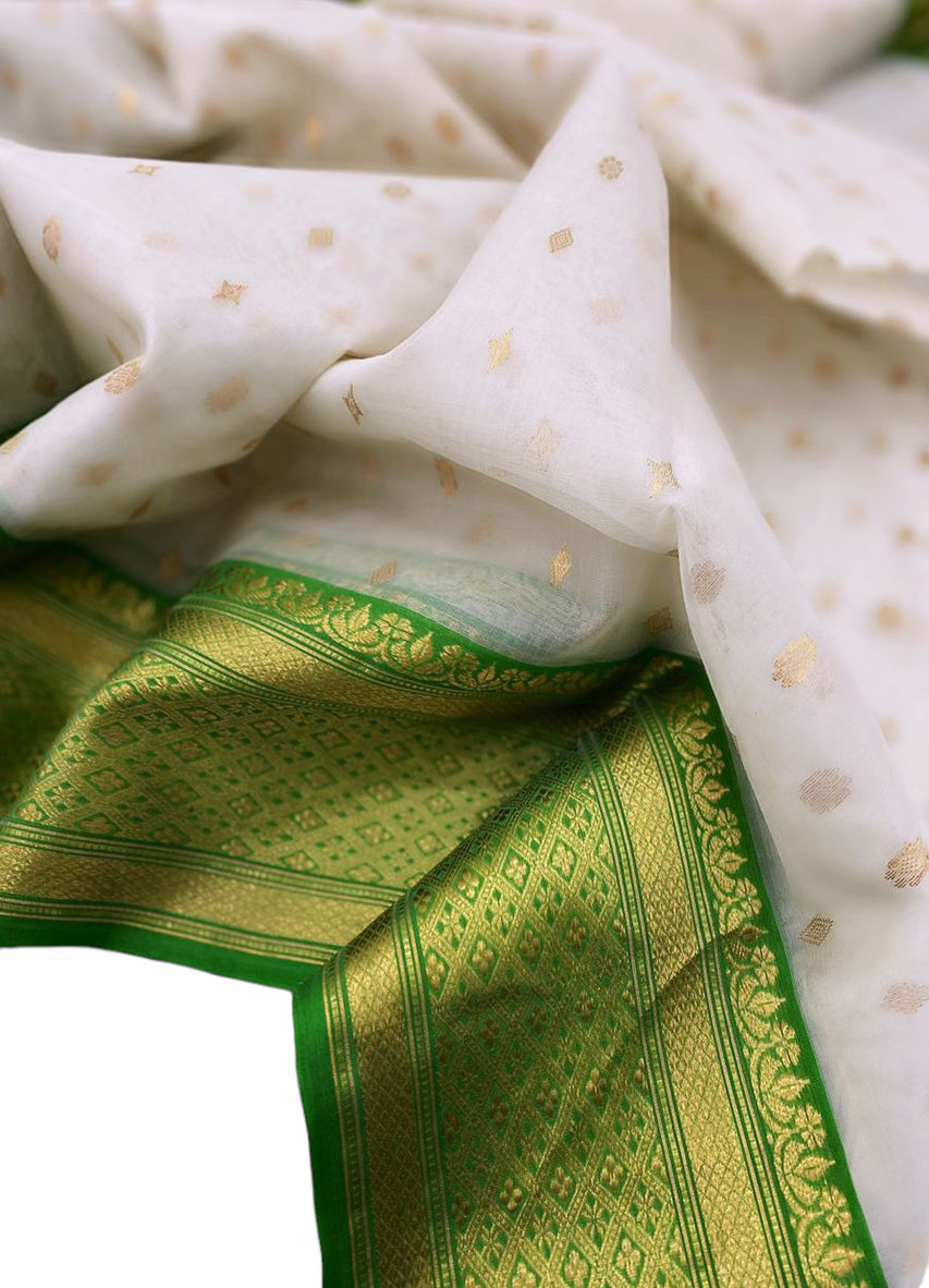 White Chanderi Handloom Pure Katan Organza Silk Saree - Luxurion World
