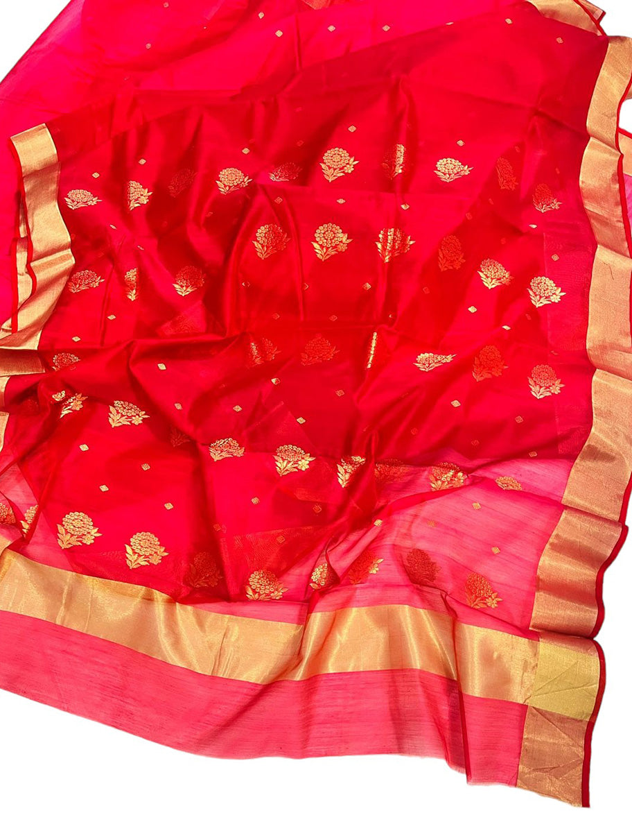 Red Chanderi Handloom Cotton Silk Saree - Luxurion World