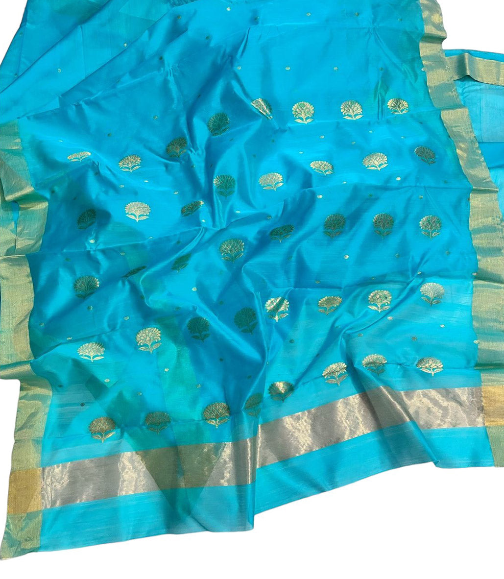 Blue Chanderi Handloom Cotton Silk Saree - Luxurion World