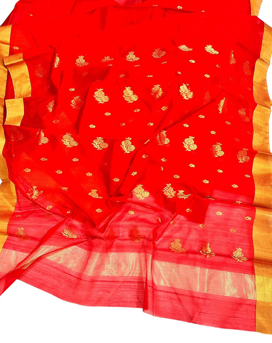 Red Chanderi Handloom Cotton Silk Saree - Luxurion World