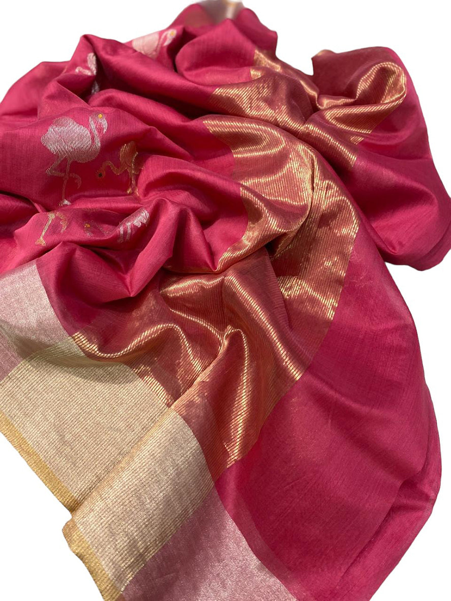 Pink Chanderi Handloom Cotton Silk Saree - Luxurion World