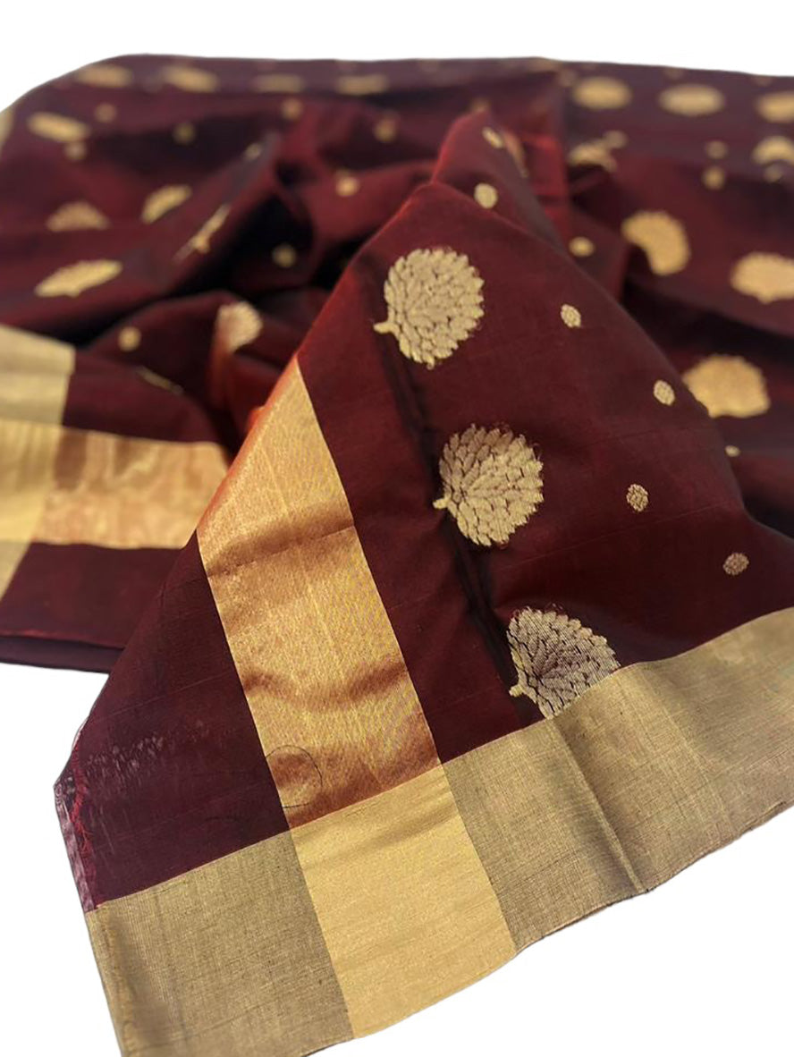 Maroon Chanderi Handloom Cotton Silk Saree - Luxurion World